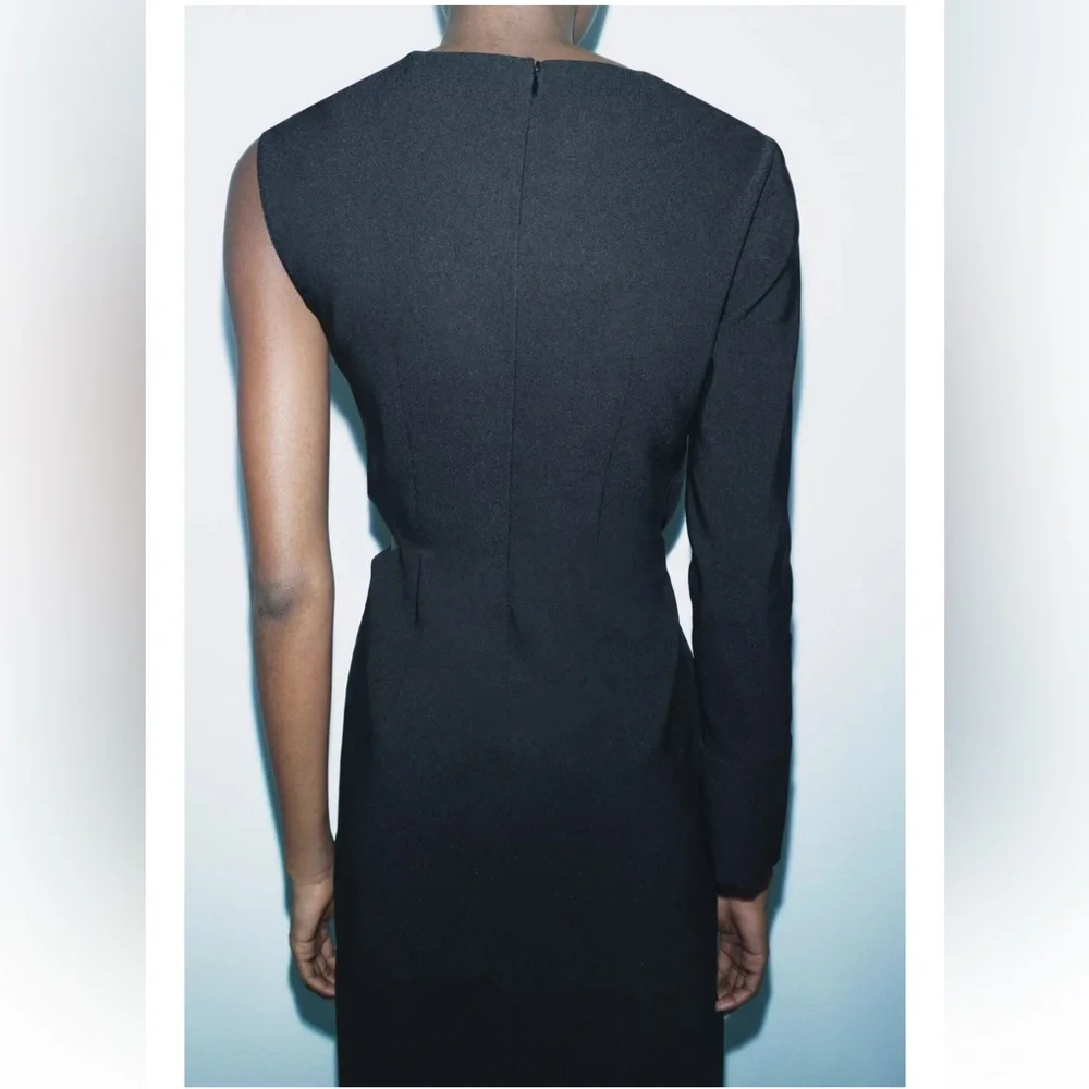 Zara Black Cut Out Midi Dress cotton blend one long sleeve Pleated knot ZW NWT - Picture 6 of 16